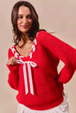 SO ME Satin Tape Braided Ribbon Tie V Neck Sweater - Trendsi - Flyclothing LLC
