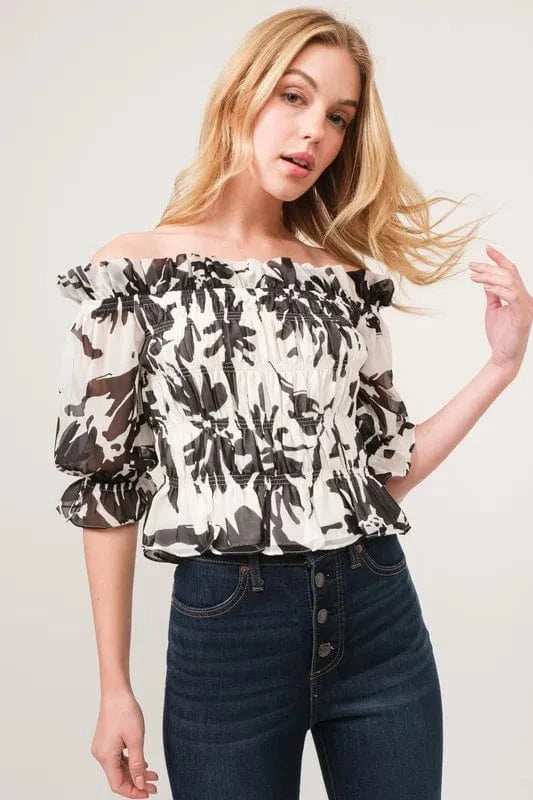 And The Why Smocked Off-Shoulder Floral Printed Top - Trendsi - Flyclothing LLC