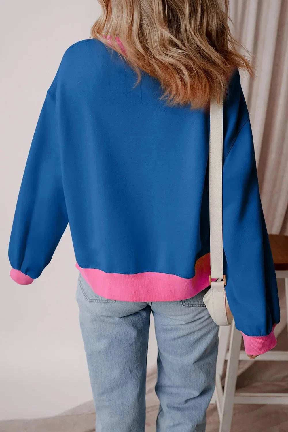 Letter Graphic Contrast Long Sleeve Sweatshirt - Trendsi - Flyclothing LLC