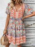 Printed Tie Neck Short Sleeve Dress - Trendsi - Flyclothing LLC