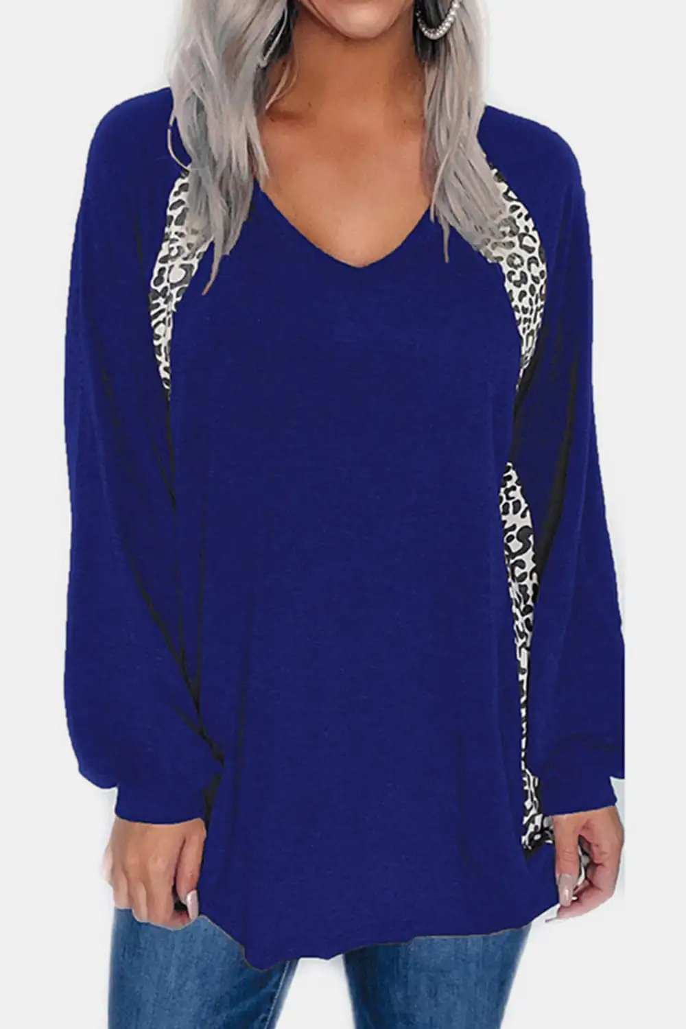Full Size Leopard V-Neck Long Sleeve T-Shirt - Trendsi - Flyclothing LLC