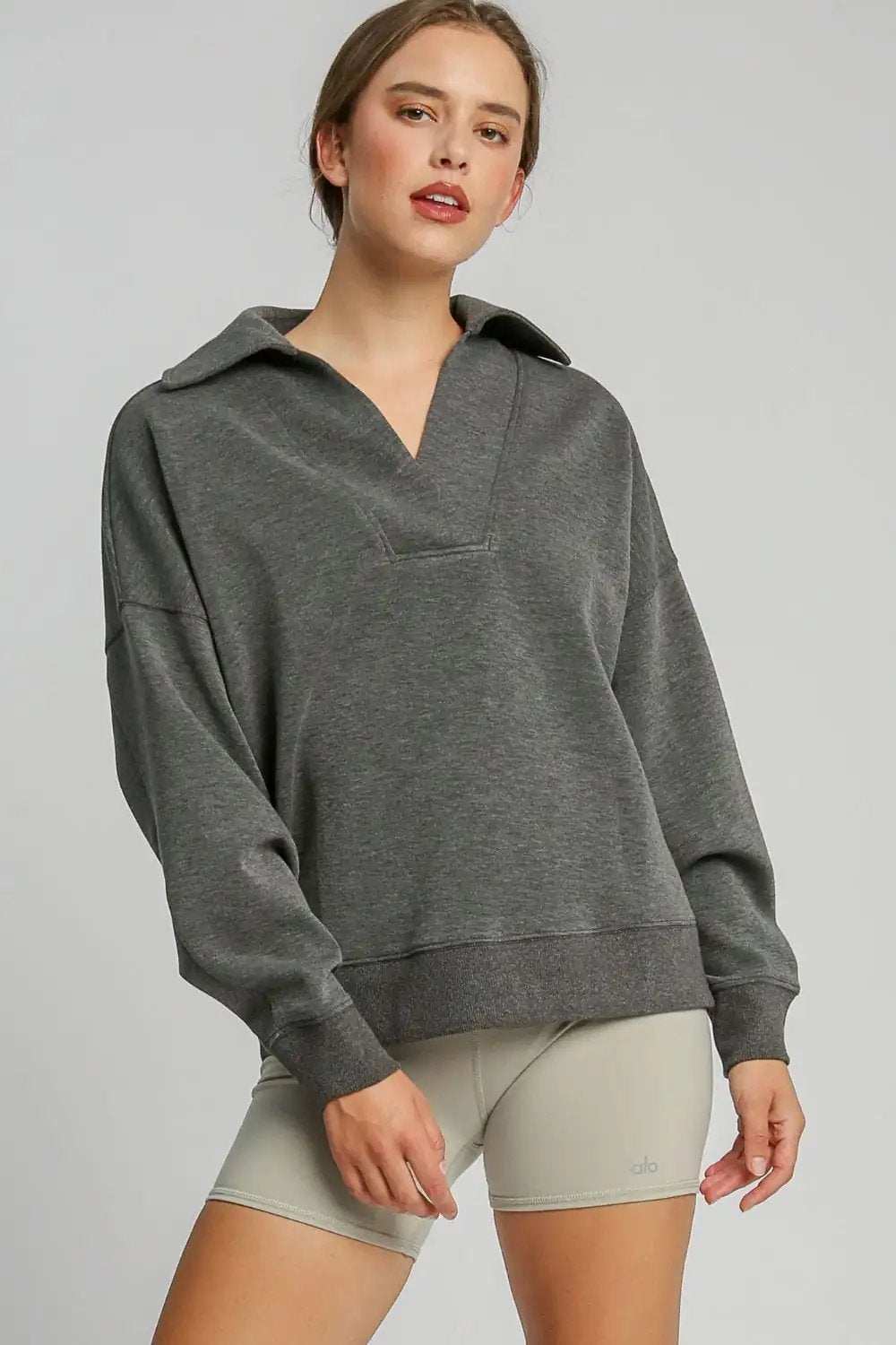 Umgee Johnny Collar Dropped Shoulder Sweatshirt - Trendsi - Flyclothing LLC