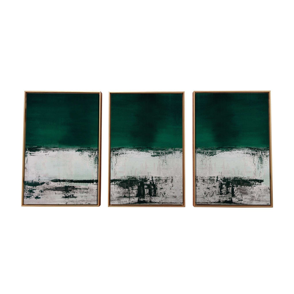 Set Of Three Three Piece Deep Green Black and White Abstract Canvas Wall Art Gold Floater Frame Print Wall Art - Homeroots - Flyclothing LLC