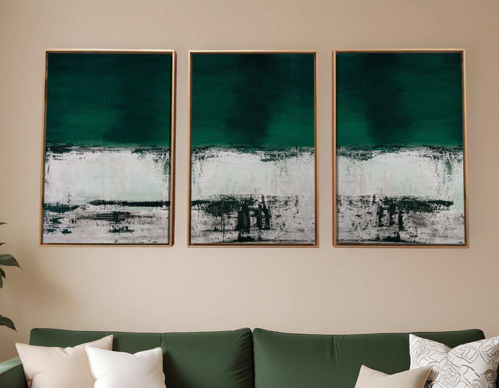 Set Of Three Three Piece Deep Green Black and White Abstract Canvas Wall Art Gold Floater Frame Print Wall Art - Homeroots - Flyclothing LLC