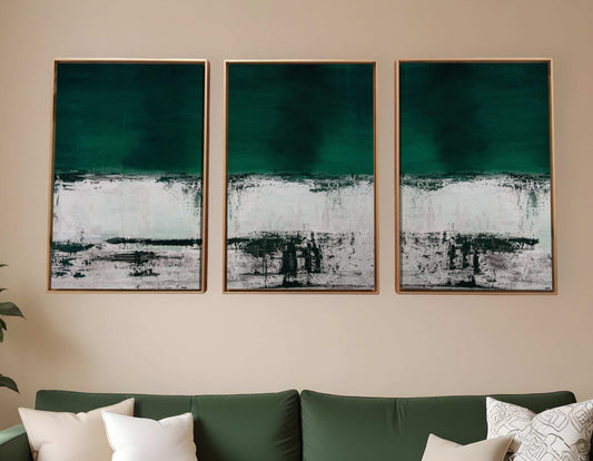 Set Of Three Three Piece Deep Green Black and White Abstract Canvas Wall Art Gold Floater Frame Print Wall Art - Homeroots - Flyclothing LLC