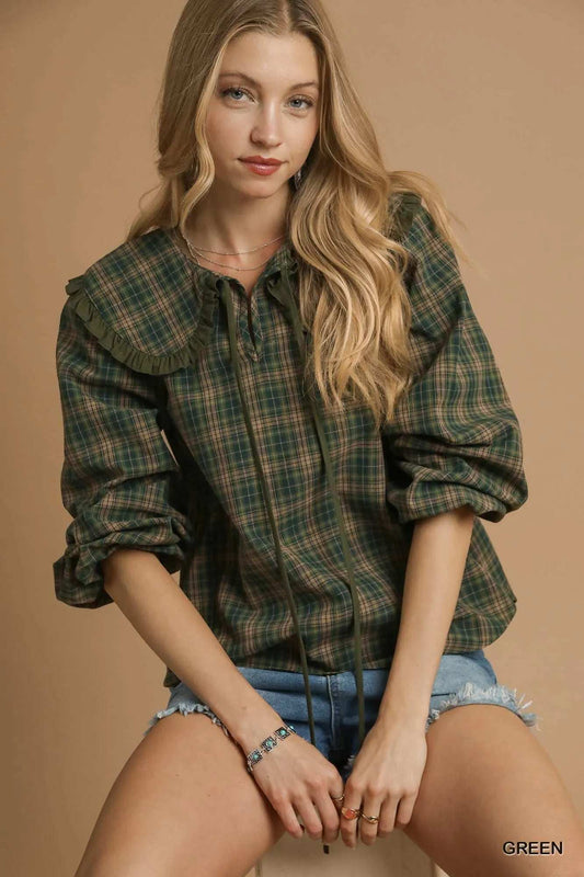 Umgee Full Size Plaid Ruffle Collar Blouse Plus Size - Trendsi - Flyclothing LLC