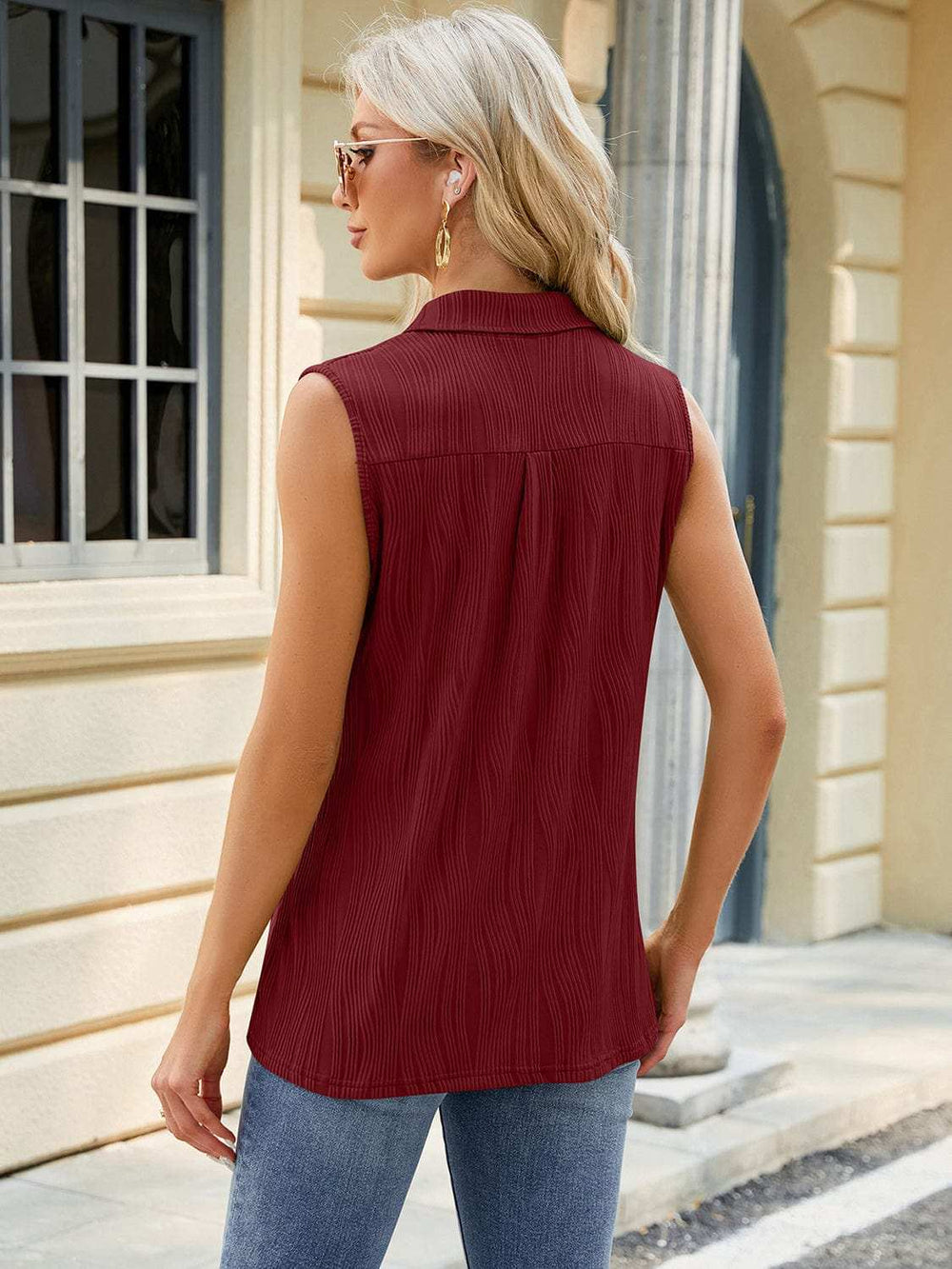 Textured Johnny Collar Tank - Trendsi - Flyclothing LLC