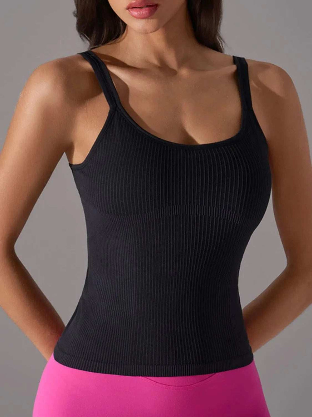 Scoop Neck Active Tank with Detachable Chest Pads - Trendsi - Flyclothing LLC