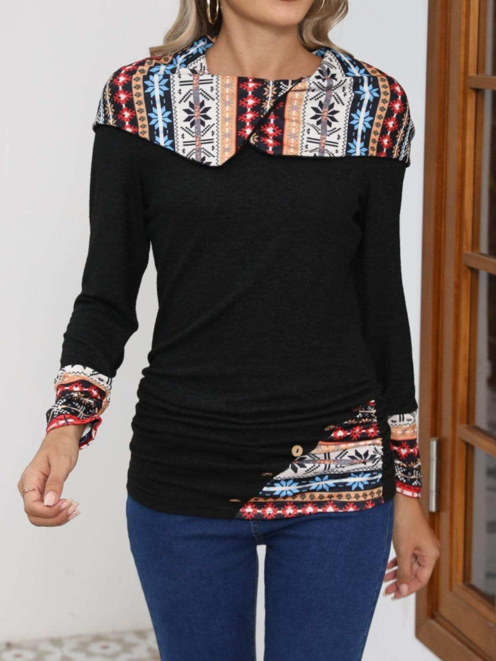 Printed Collared Neck Long Sleeve Blouse - Trendsi - Flyclothing LLC