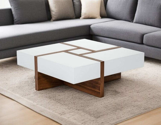 Modern White and Walnut Square Coffee Table with Storage - Homeroots - Flyclothing LLC