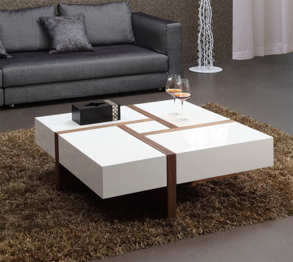 Modern White and Walnut Square Coffee Table with Storage - Homeroots - Flyclothing LLC