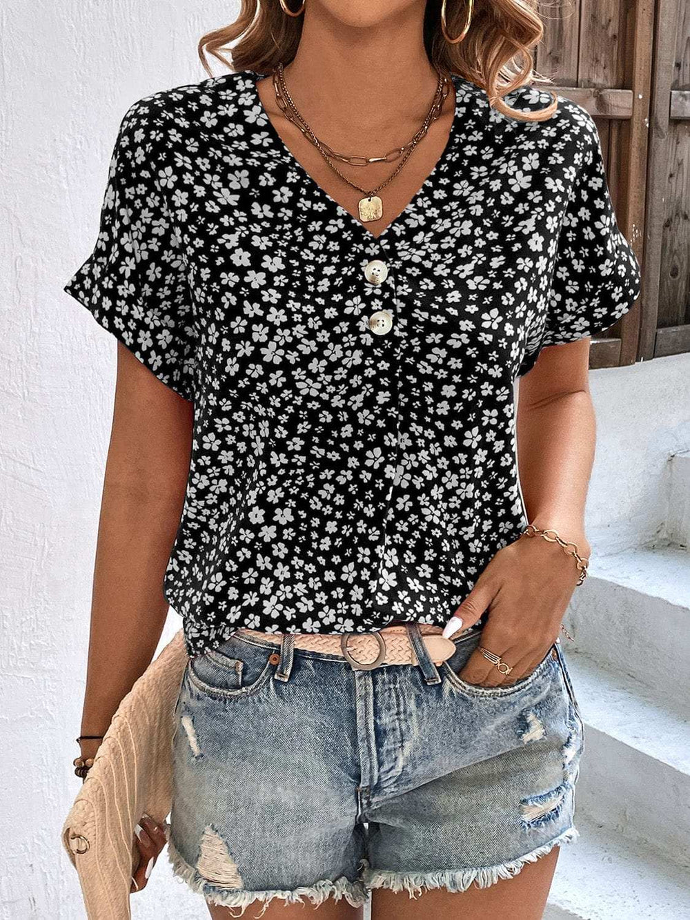 Printed V-Neck Short Sleeve Blouse - Trendsi - Flyclothing LLC