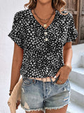 Printed V-Neck Short Sleeve Blouse - Trendsi - Flyclothing LLC