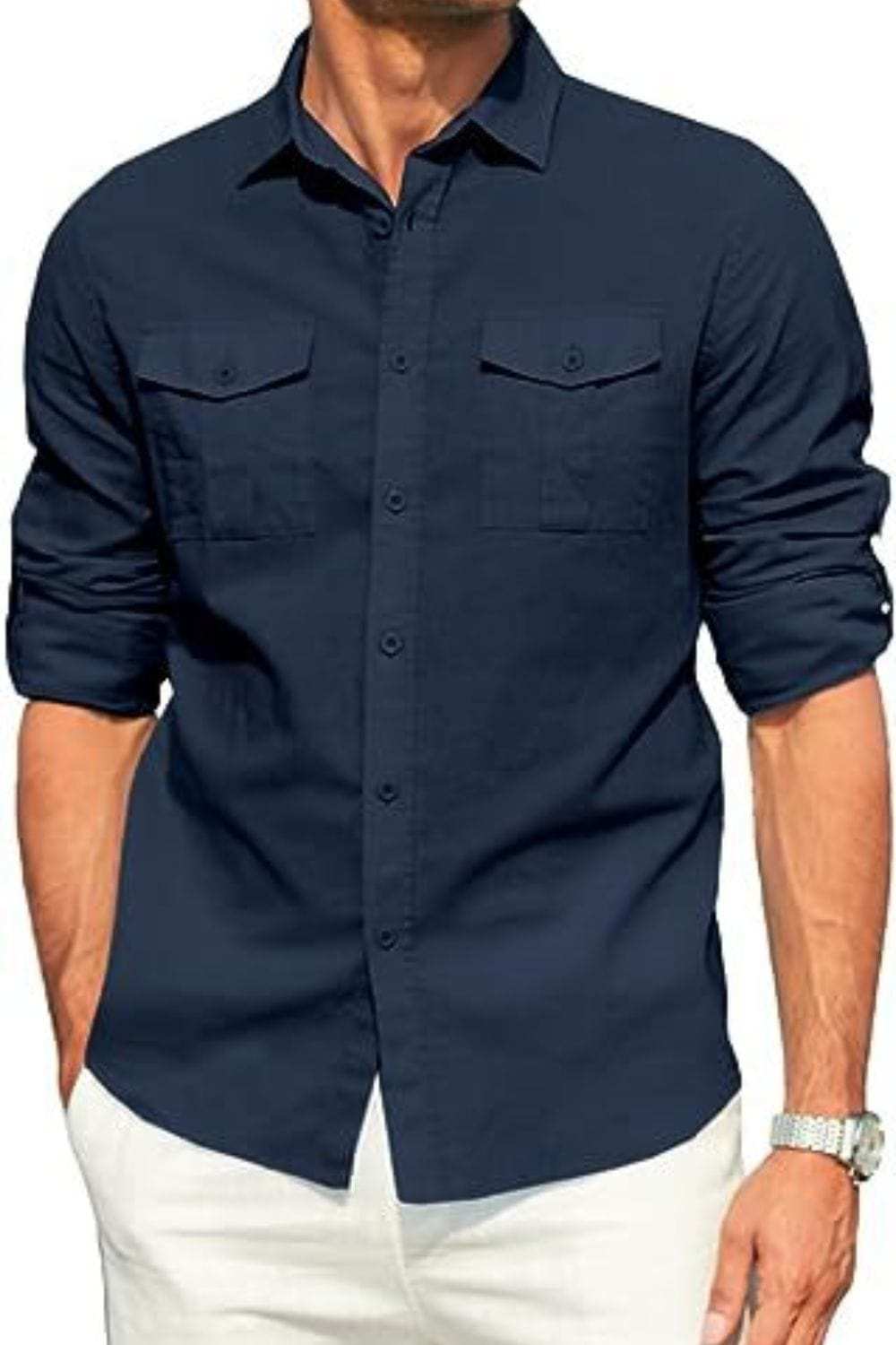 Men's Plus Size Button Down Collared Neck Long Sleeve Shirt - Trendsi - Flyclothing LLC