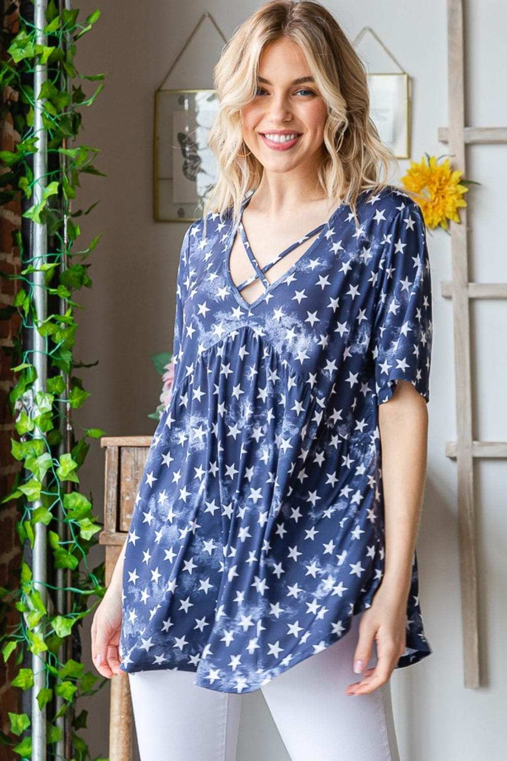 Heimish Full Size Short Sleeve Crisscross Star Babydoll Top - Trendsi - Flyclothing LLC
