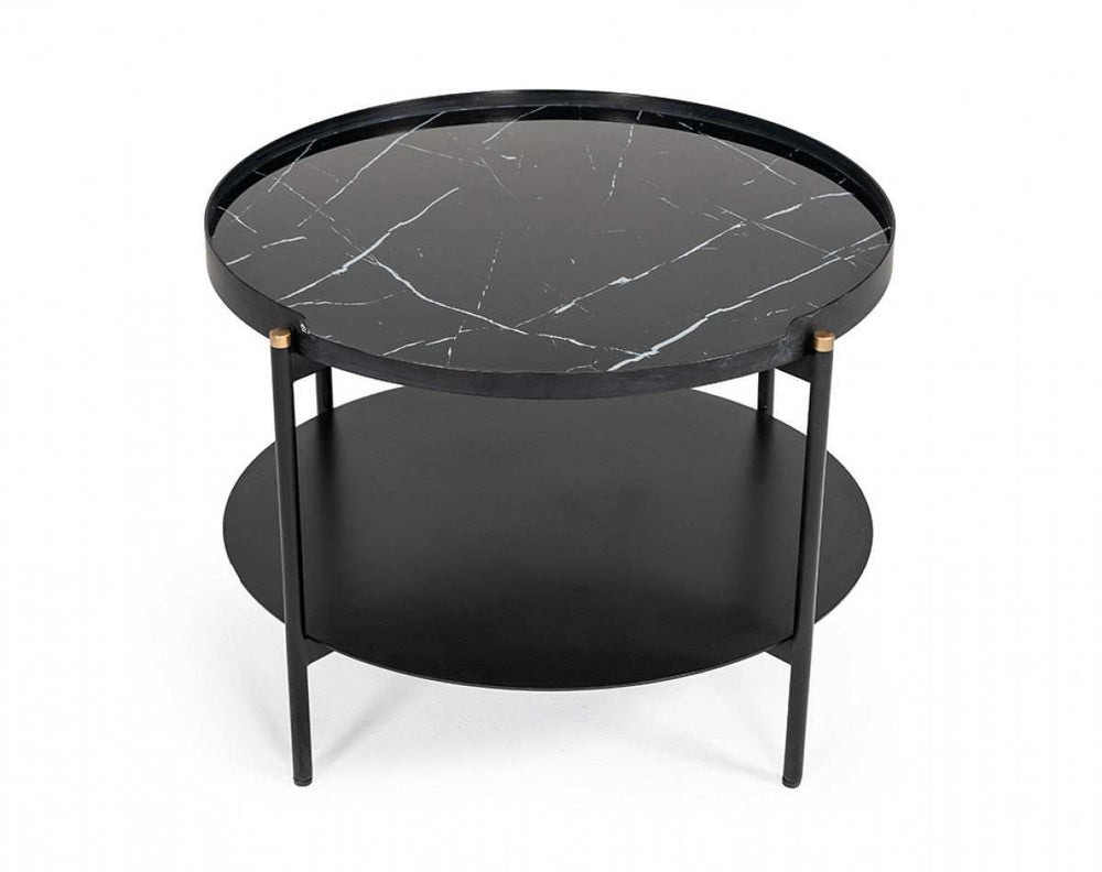 Modern Black Marble Painted Round Metal Coffee Table - Homeroots - Flyclothing LLC
