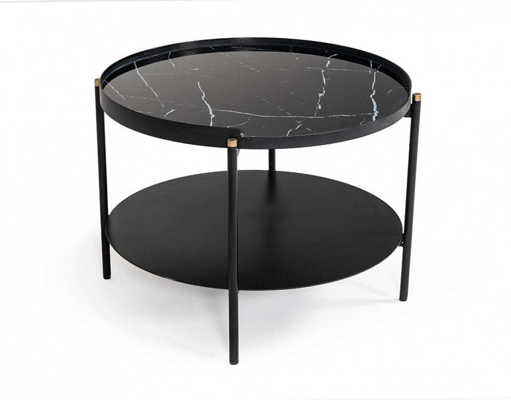 Modern Black Marble Painted Round Metal Coffee Table - Homeroots - Flyclothing LLC