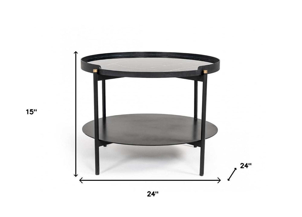 Modern Black Marble Painted Round Metal Coffee Table - Homeroots - Flyclothing LLC