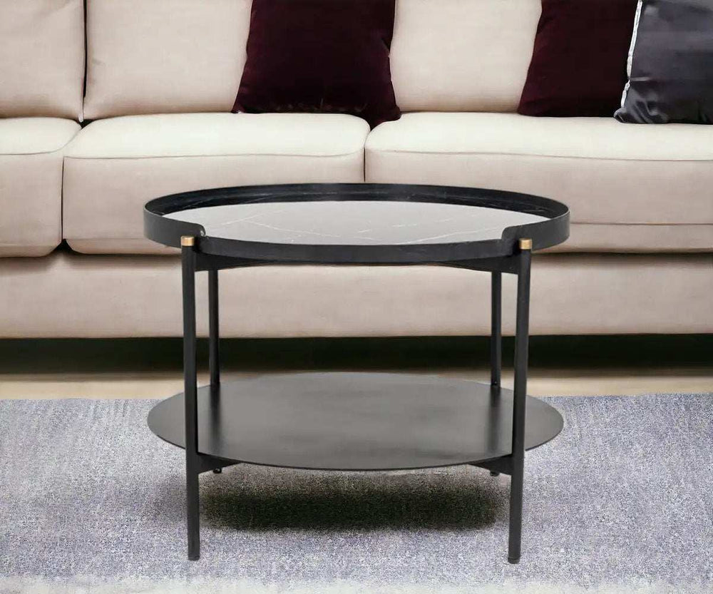 Modern Black Marble Painted Round Metal Coffee Table - Homeroots - Flyclothing LLC