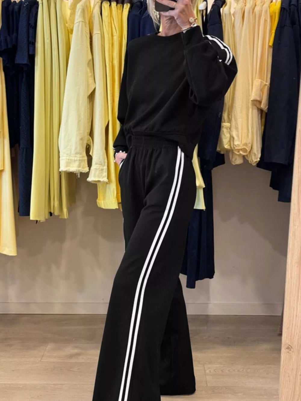 Striped Detail Crewneck Top and Elastic Sweatpants 2pcs Set - Trendsi - Flyclothing LLC