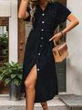 Slit Drawstring Button Up Short Sleeve Midi Dress - Trendsi - Flyclothing LLC