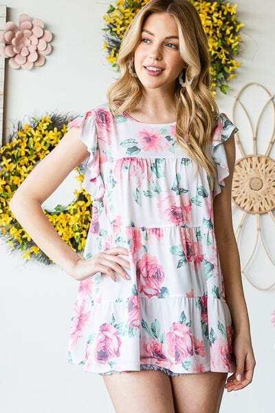 Heimish Full Size Butterfly Short Sleeve Round Neck Floral Print Tiered Top Plus Size - Trendsi - Flyclothing LLC