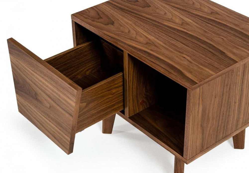 Mid Century Walnut Light Brown Nightstand with One Drawer and One Shelf - Homeroots - Flyclothing LLC