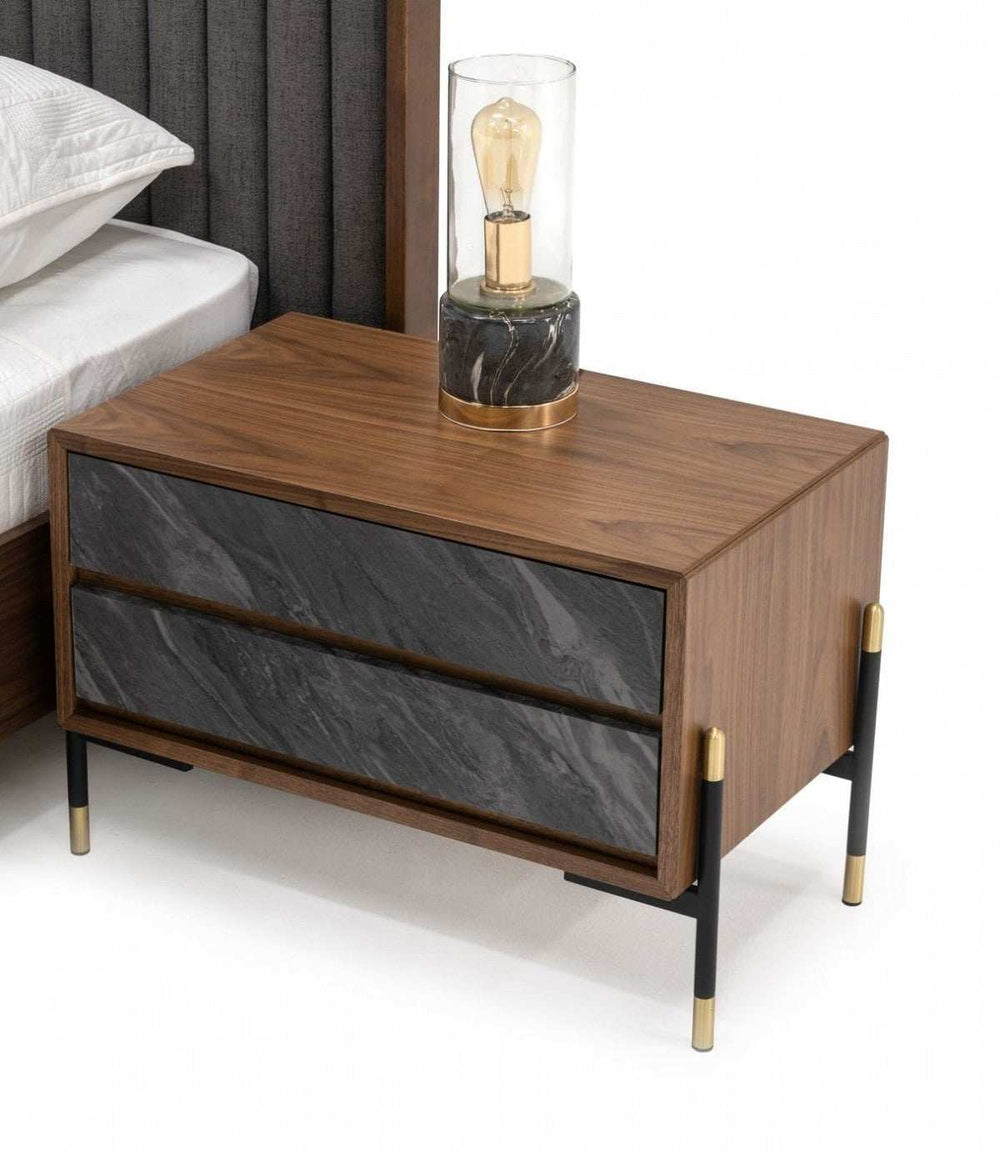 Mid Century Walnut and Gray Faux Marble Two Drawer Nightstand - Homeroots - Flyclothing LLC