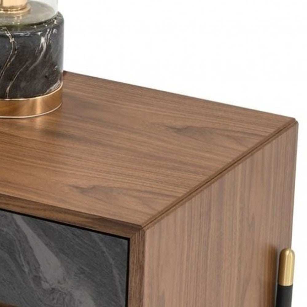 Mid Century Walnut and Gray Faux Marble Two Drawer Nightstand - Homeroots - Flyclothing LLC