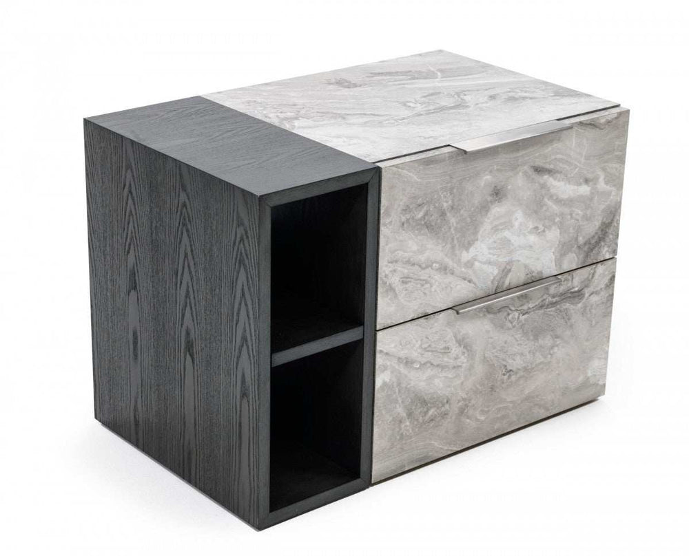 Contempo Gray Faux Marble and Gray Two Drawer Nightstand - Homeroots - Flyclothing LLC