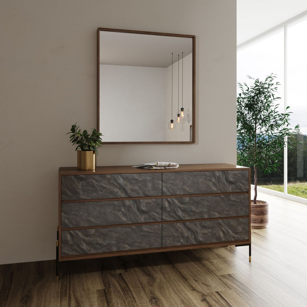 63" Walnut And Grey Faux Marble Wood Six Drawer Double Dresser - Homeroots - Flyclothing LLC