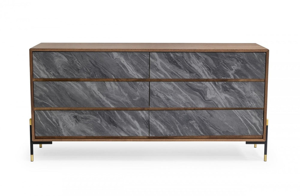 63" Walnut And Grey Faux Marble Wood Six Drawer Double Dresser - Homeroots - Flyclothing LLC