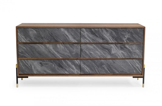 63" Walnut And Grey Faux Marble Wood Six Drawer Double Dresser - Homeroots