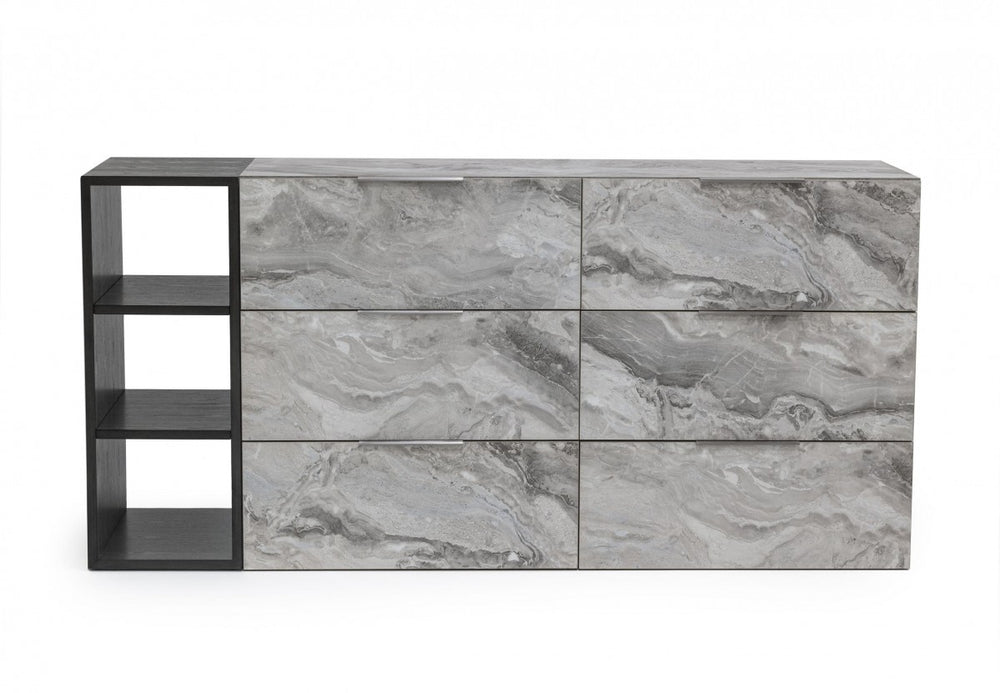 63" Grey Faux Marble and Black Wood Six Drawer Double Dresser - Homeroots - Flyclothing LLC