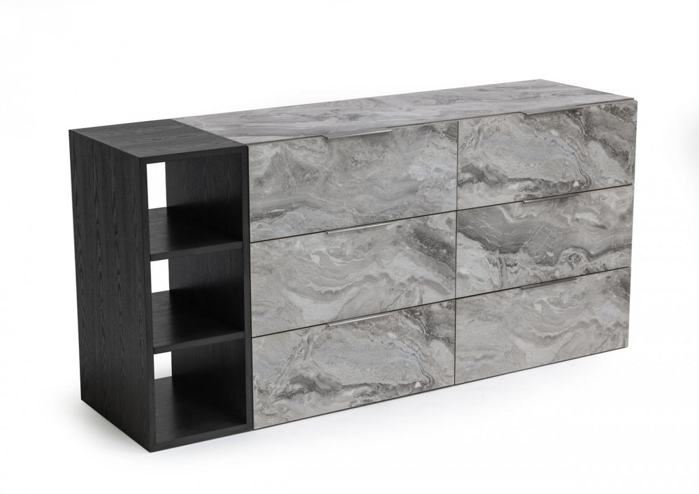 63" Grey Faux Marble and Black Wood Six Drawer Double Dresser - Homeroots - Flyclothing LLC