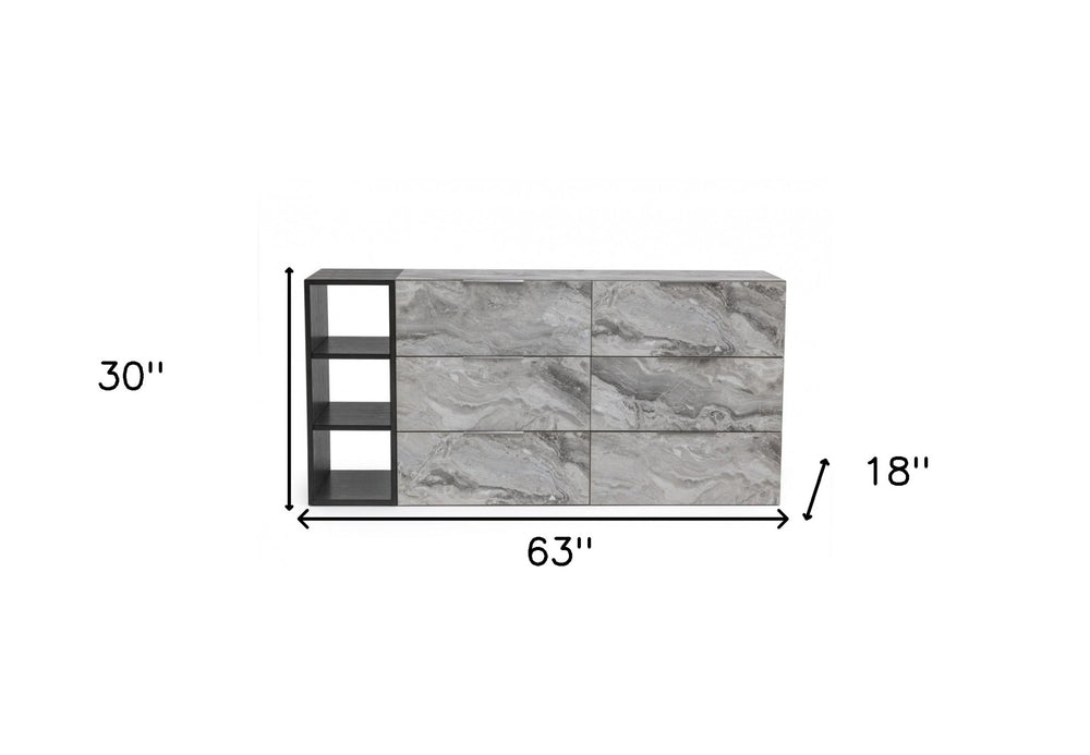 63" Grey Faux Marble and Black Wood Six Drawer Double Dresser - Homeroots - Flyclothing LLC