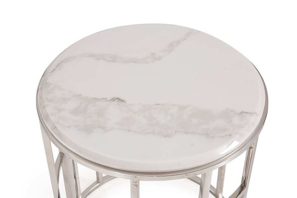 Stylish Silver And White Marble Round Geometric End or Side Table - Homeroots - Flyclothing LLC