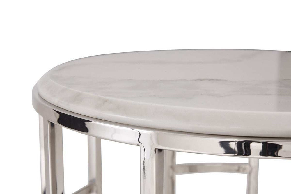 Stylish Silver And White Marble Round Geometric End or Side Table - Homeroots - Flyclothing LLC