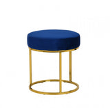 16" Blue Velvet And Gold Round Footstool Ottoman - Homeroots
