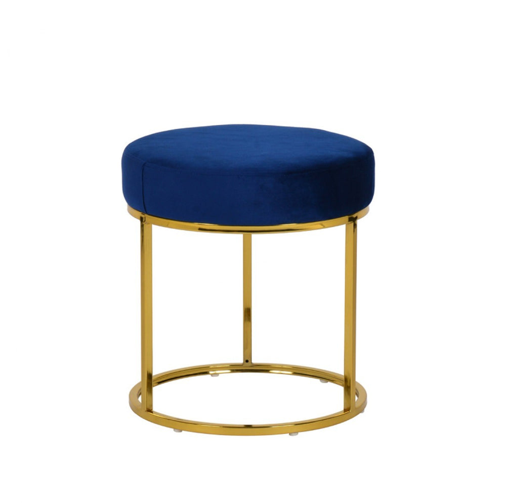 16" Blue Velvet And Gold Round Footstool Ottoman - Homeroots