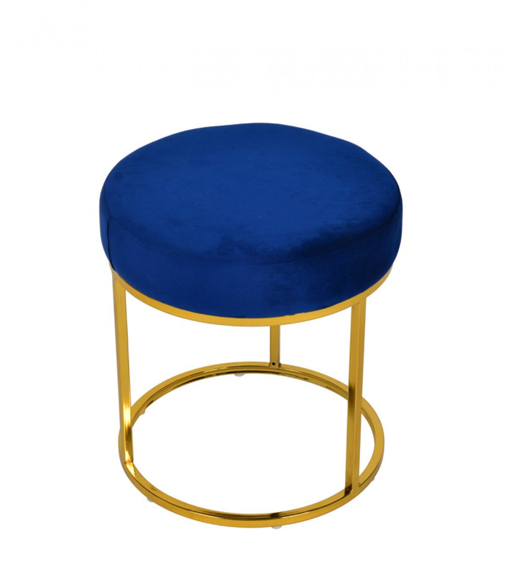 16" Blue Velvet And Gold Round Footstool Ottoman - Homeroots