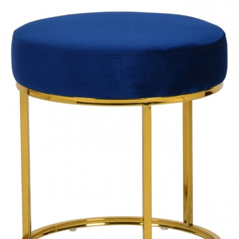 16" Blue Velvet And Gold Round Footstool Ottoman - Homeroots