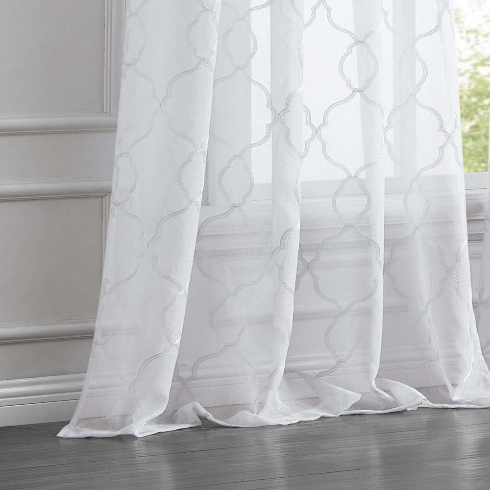 84” White Trellis Pattern Embroidered Window Curtain Panel - Homeroots - Flyclothing LLC