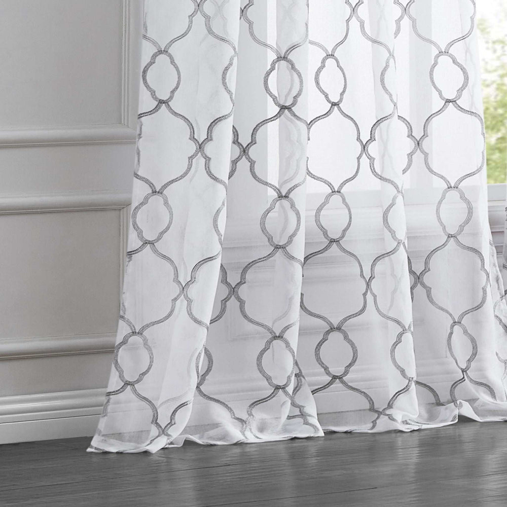 84” Silver Trellis Pattern Embroidered Window Curtain Panel - Homeroots - Flyclothing LLC