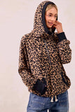 BiBi Leopard Print Waffle Half Zip Up Hoodie W Pocket - Trendsi - Flyclothing LLC