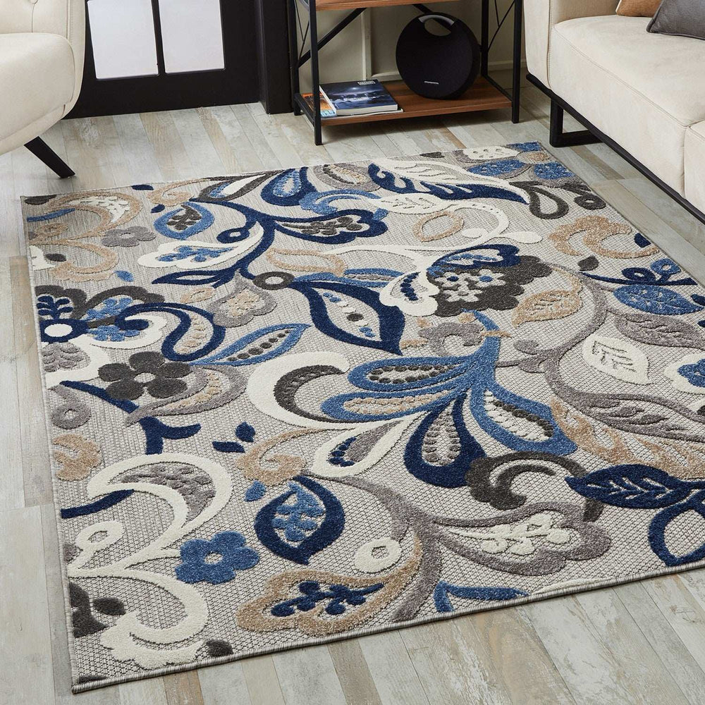5' X 7' Blue And Gray Floral Stain Resistant Indoor Outdoor Area Rug - Homeroots - Flyclothing LLC