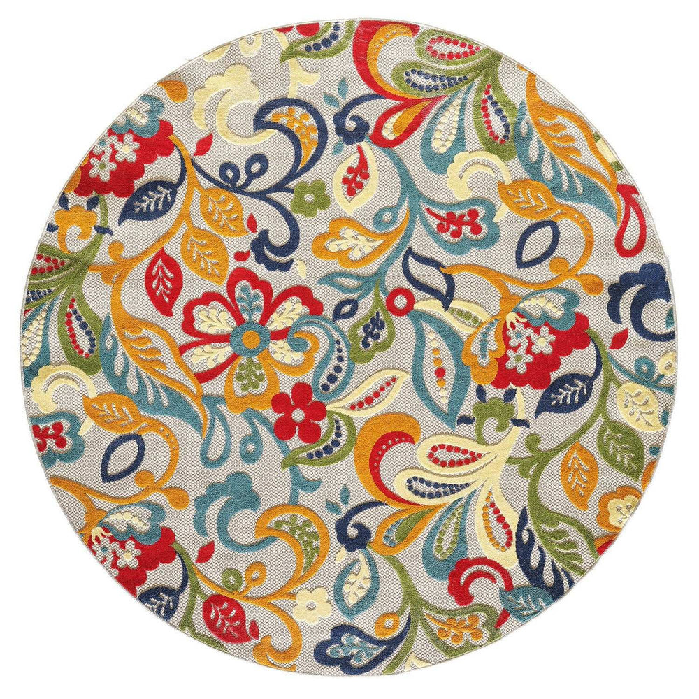 8' Round Ivory And Blue Round Floral Stain Resistant Indoor Outdoor Area Rug - Homeroots - Flyclothing LLC