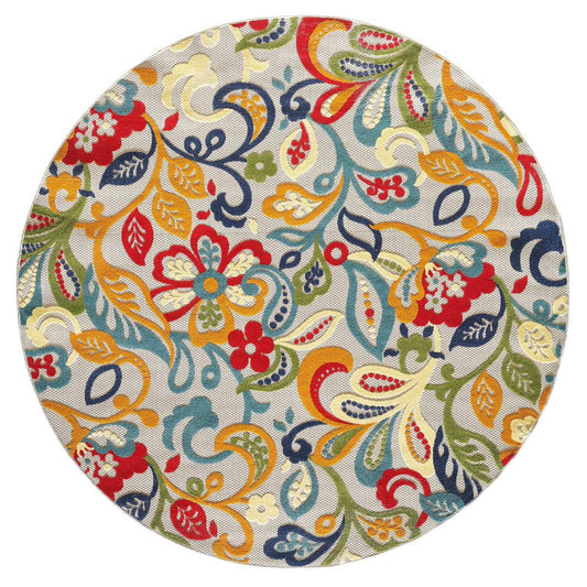 8' Round Ivory And Blue Round Floral Stain Resistant Indoor Outdoor Area Rug - Homeroots - Flyclothing LLC