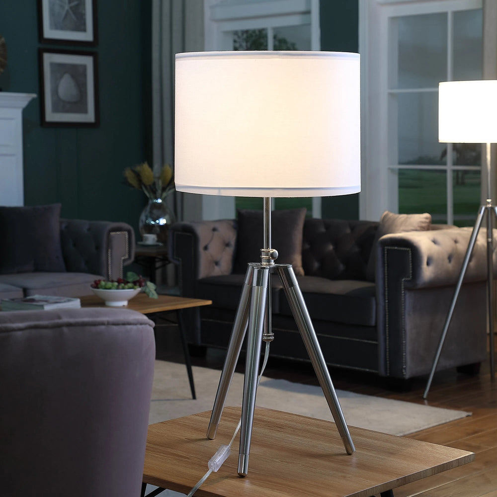 34" Silver Metal Adjustable Tripod Table Lamp With White Round Shade - Homeroots - Flyclothing LLC