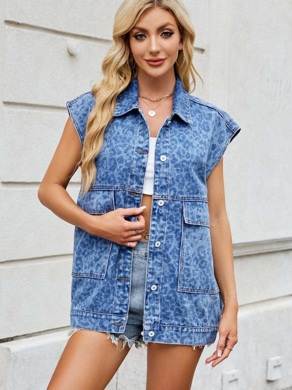 Leopard Button Up Cap Sleeve Denim Jacket - Trendsi - Flyclothing LLC